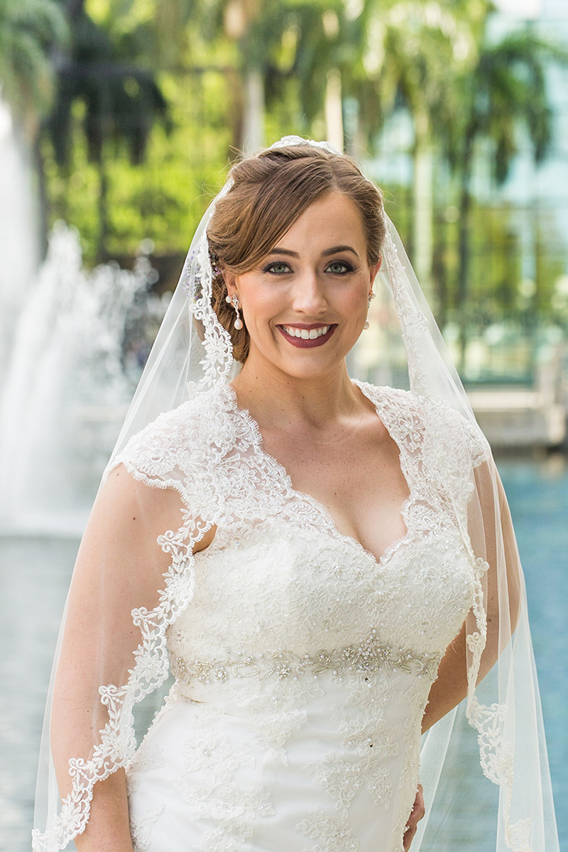 Stunning bridal portrait with gorgeous veil captured across from Lake Terrace Wedding Venue in Boca Raton, Florida.